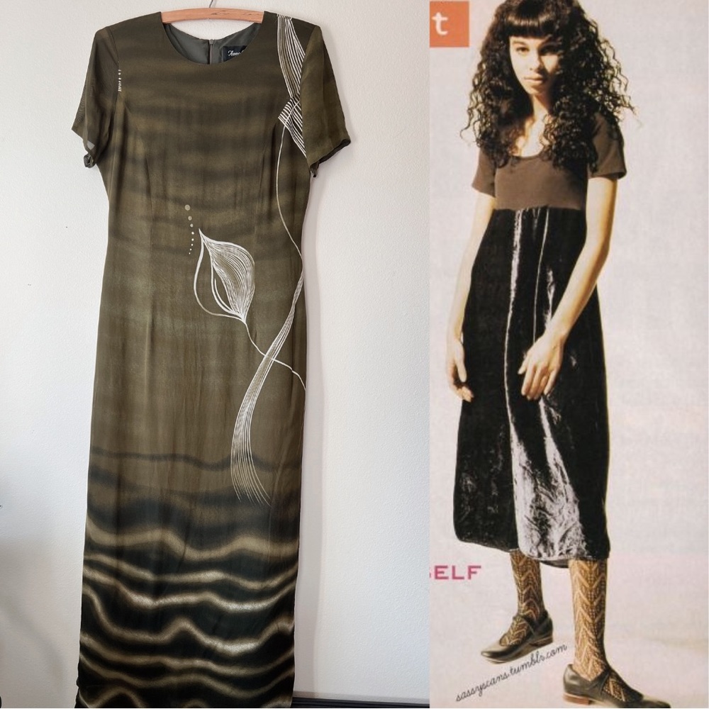 Olive green maxi short sleeve Vintage Y2K dress 12 M‎